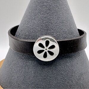 Black Leather Bracelet with Sterling Silver Floral Charm